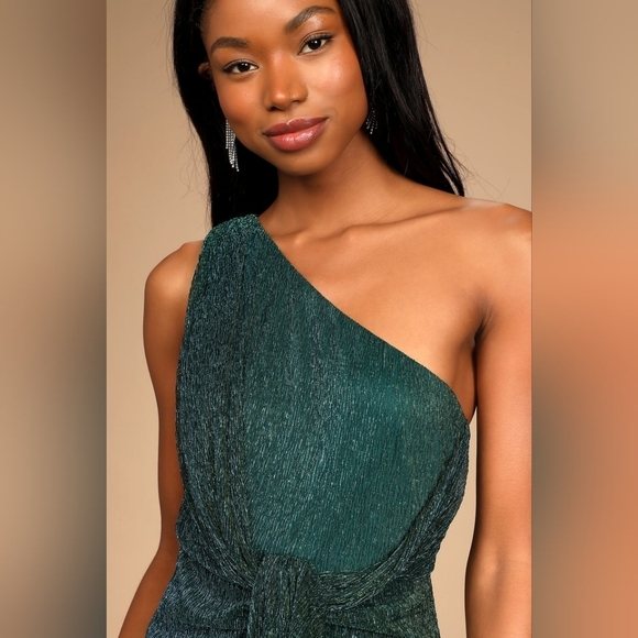 Lulus Glamorous Glitz Shiny Teal Green One-Shoulder Maxi Dress S Wedding Party - Picture 4 of 10